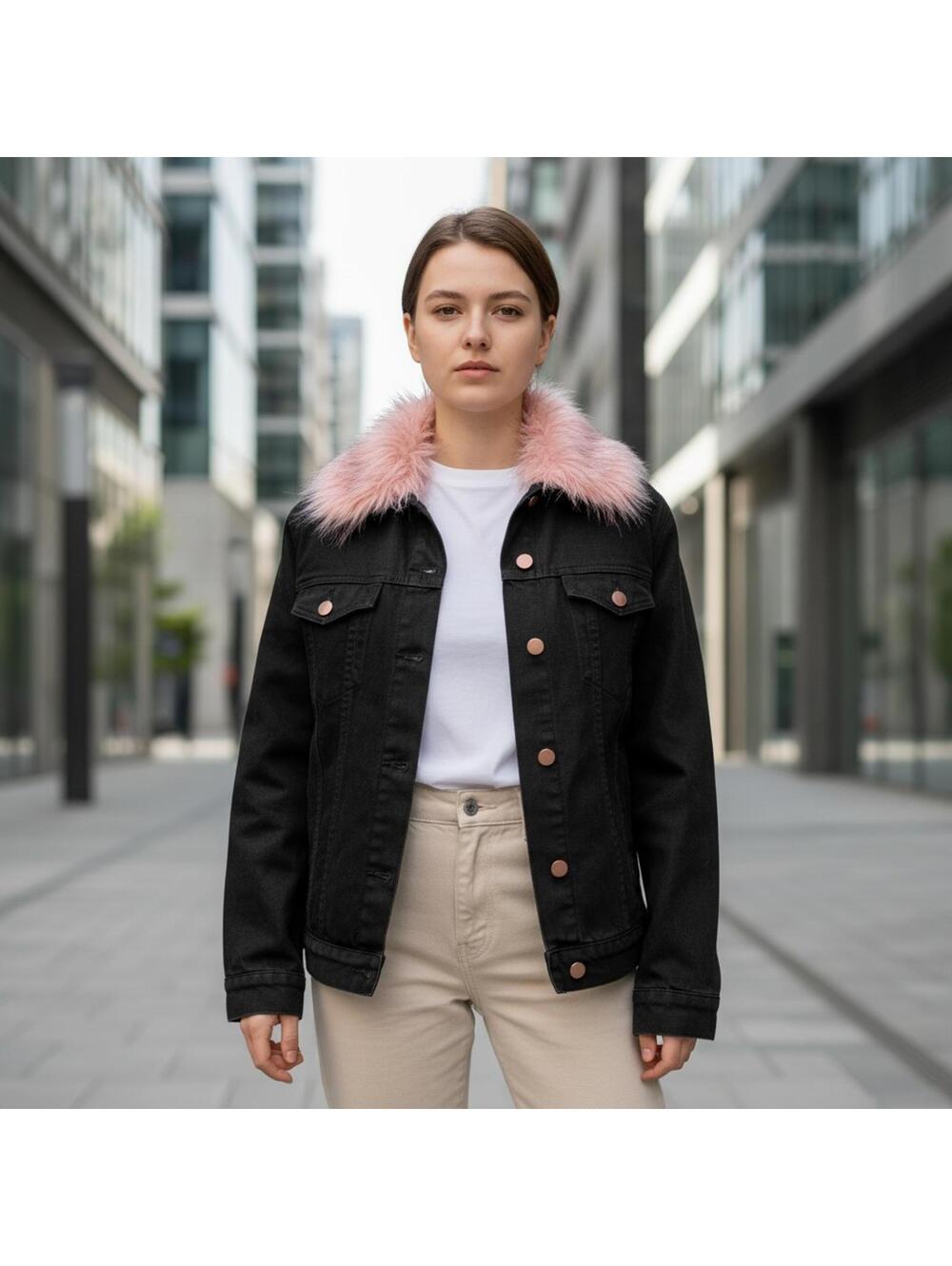 Shaci black denim jacket detachable shaggy pink faux fur lining and collar. M